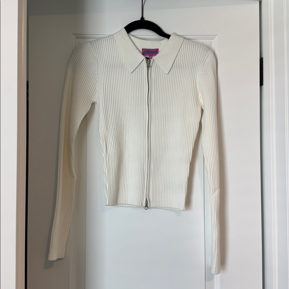 Edikted Cream Ribbed Zip-Up sweater